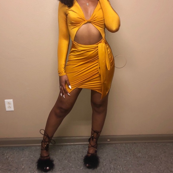 Yellow Wrap-Tie Cut Out Dress - Picture 2 of 2